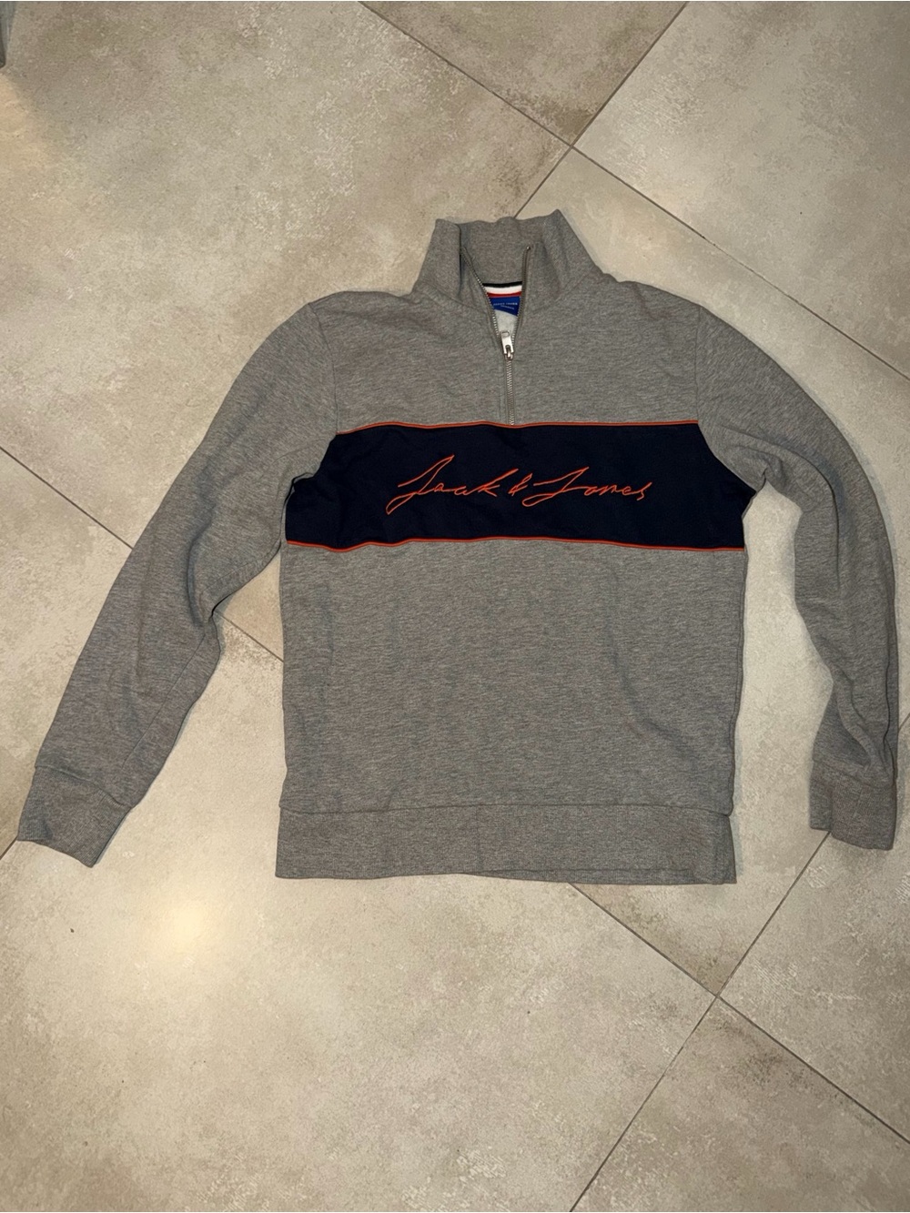 Jack & Jones Grey Half-Zip Sweater with Navy Chest Panel and Orange Trim